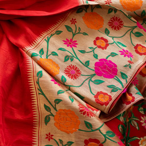 Vibrant Harmony:  Red Pure Katan Silk With Paithani Border