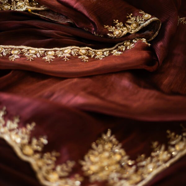 Regal Maroon Jimmy Choo Saree with Golden Handwork Embroidery