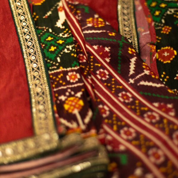 Patola Print Maroon & Green Pure Gajji Silk Saree