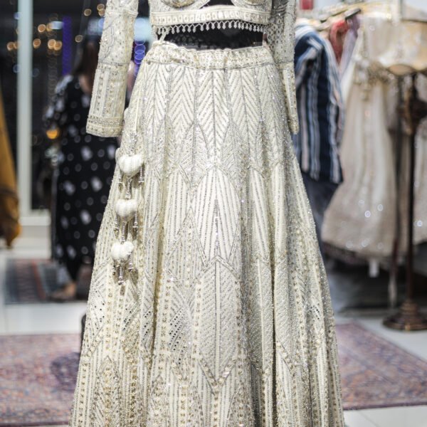 Ivory & Silver Art Deco Hand-Embroidered Lehenga Set